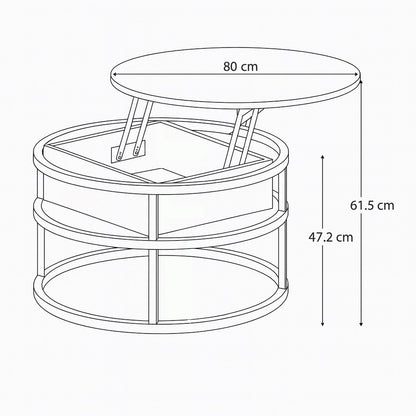Schéma de table basse ronde relevable avec dimensions complètes, plateau surélevable et rangement interne.