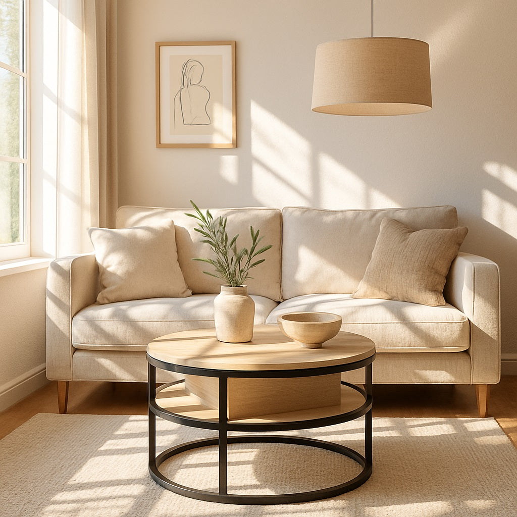 Table basse ronde relevable en bois clair dans un salon lumineux, style naturel et fonctionnel.
