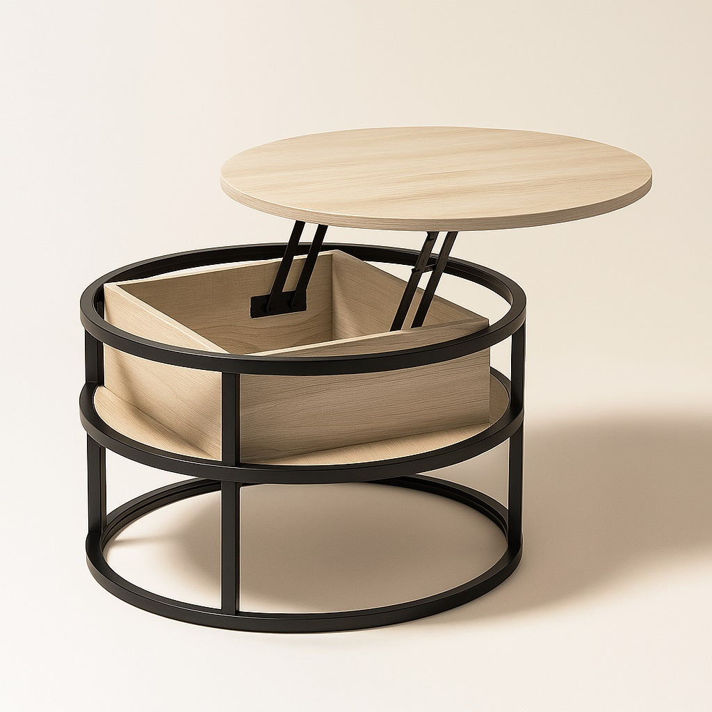 Table basse ronde relevable en bois clair avec rangement intégré, design moderne pratique pour salon.