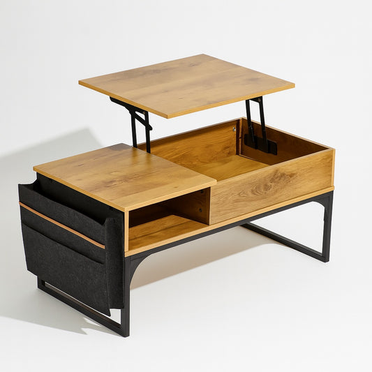 Table basse relevable en bois clair avec plateau mobile et rangement pratique, pieds métal noir.