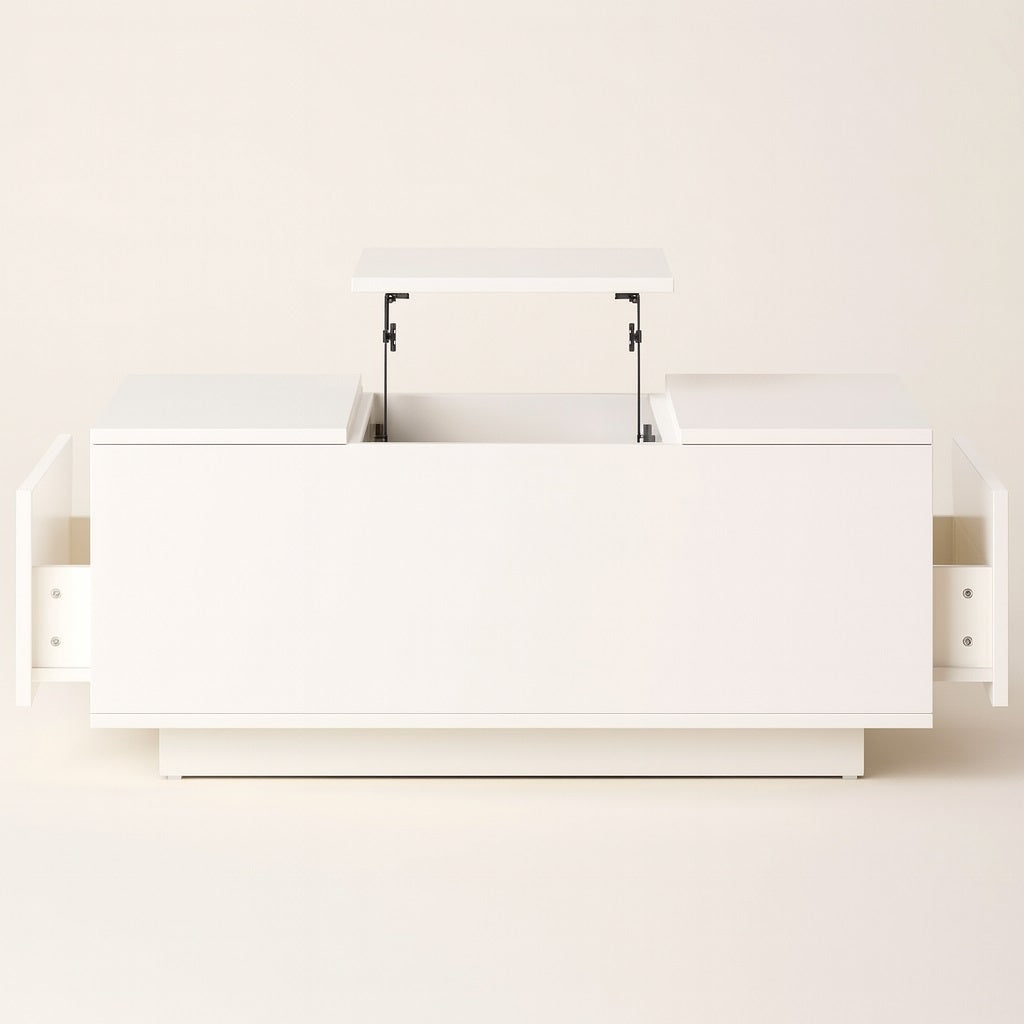 Table basse relevable blanche ouverte avec plateau relevé et tiroirs latéraux, pratique et design.