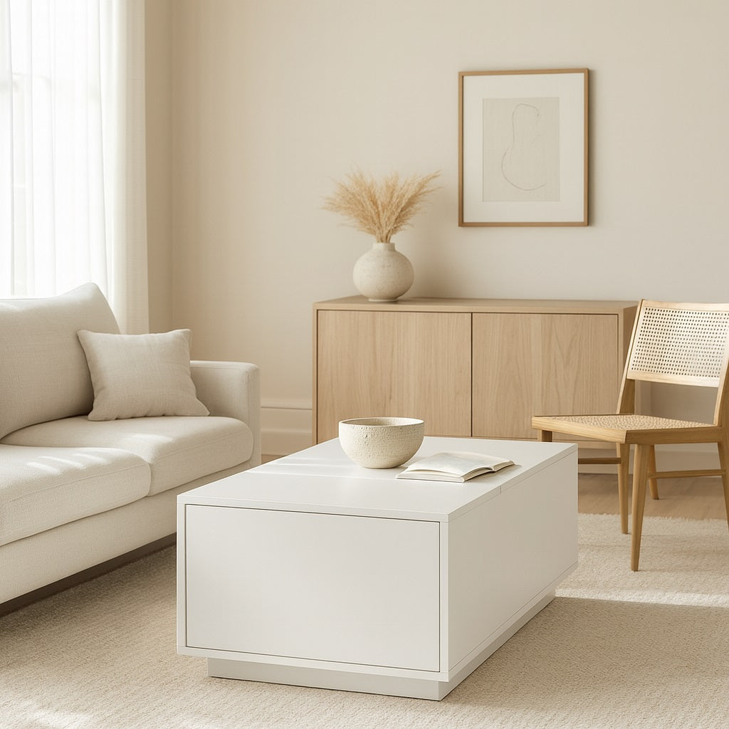 Table basse relevable blanche dans un salon scandinave lumineux, élégante et fonctionnelle.