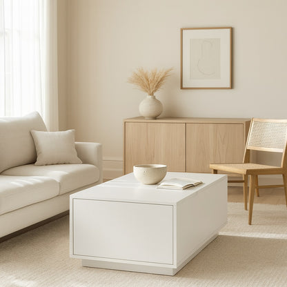Table basse relevable blanche dans un salon scandinave lumineux, élégante et fonctionnelle.