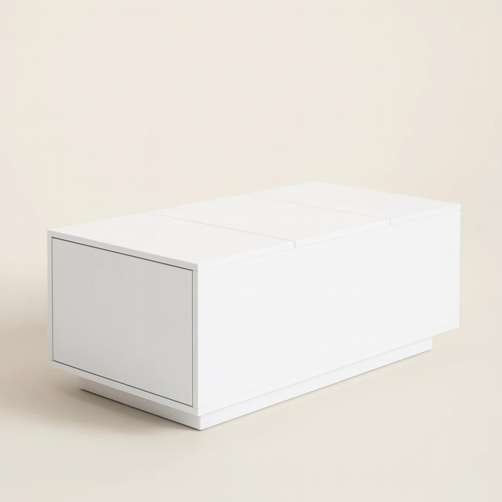 Table basse relevable blanche brillante, design minimaliste et fonctionnel pour intérieur moderne.