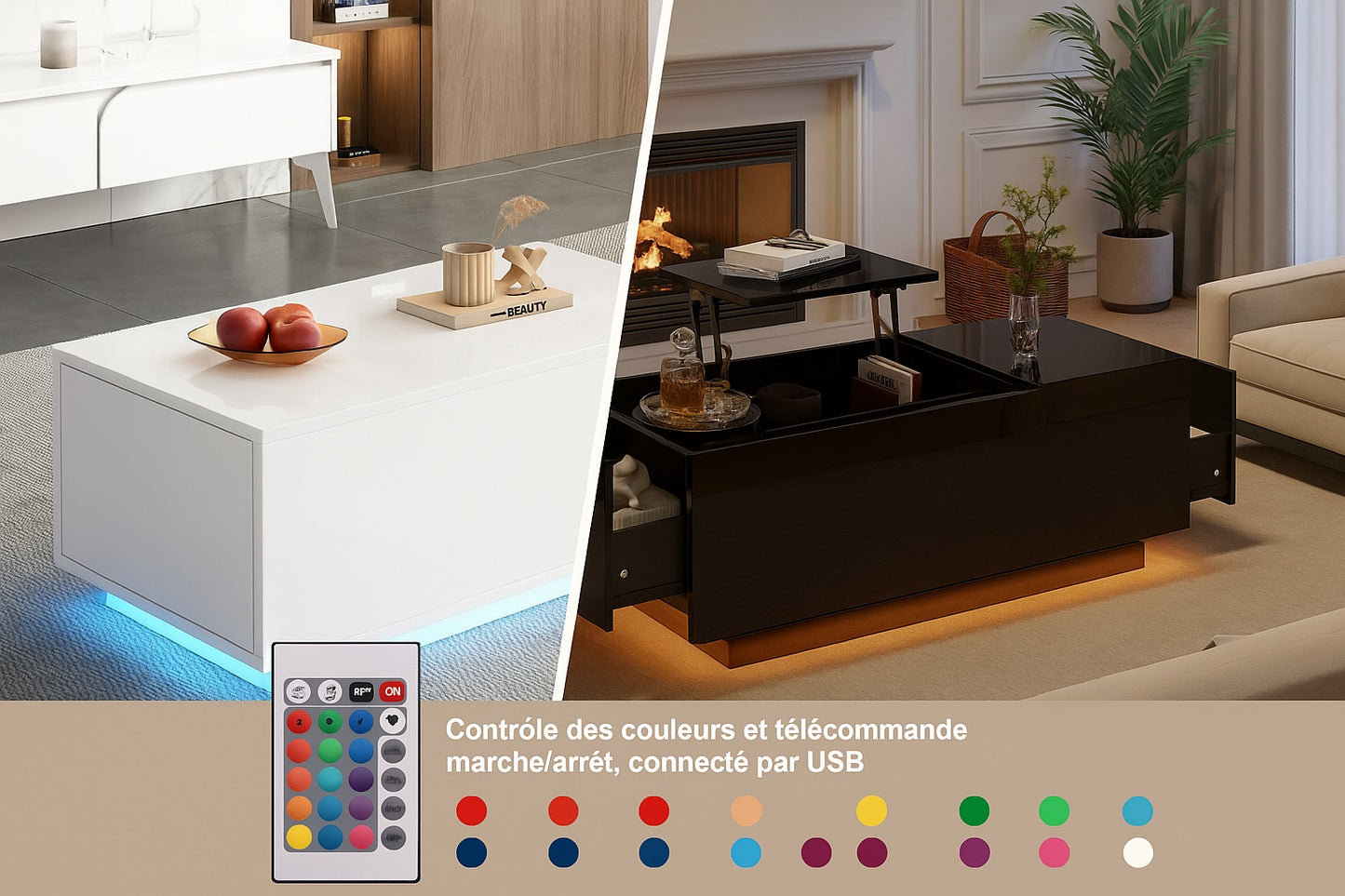 Table basse relevable avec éclairage LED, disponible en version blanche et noire, contrôle USB et télécommande.