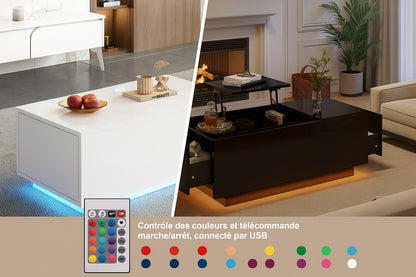 Table basse relevable avec éclairage LED, disponible en version blanche et noire, contrôle USB et télécommande.