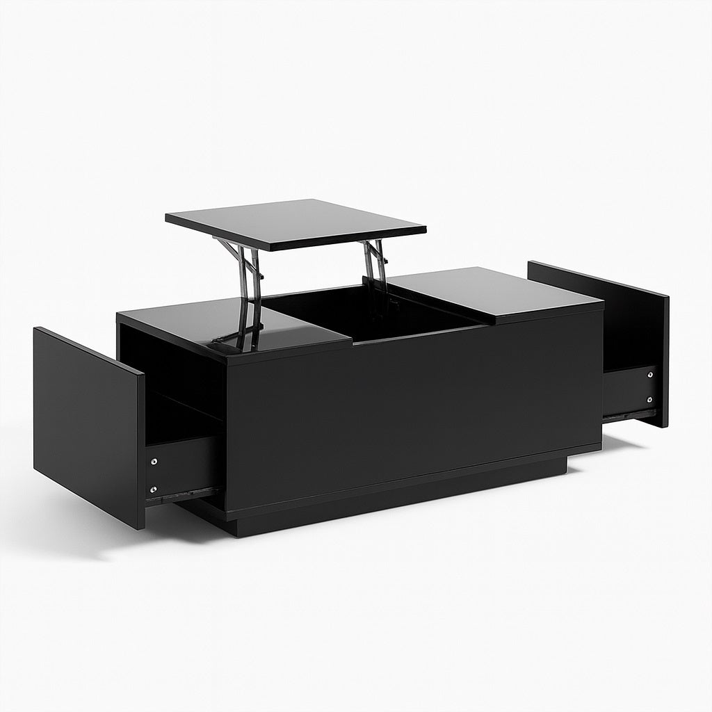 Table basse relevable noire avec plateau surélevé et rangements latéraux discrets, style moderne.