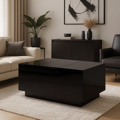 Table basse relevable noire dans salon moderne beige, design chic et fonctionnel avec rangement intégré.
