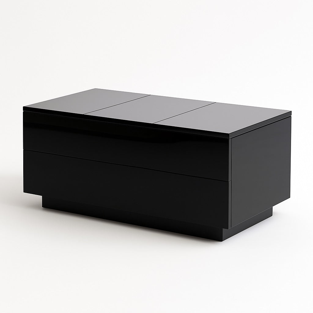 Table basse relevable noire au design moderne laqué, élégante et pratique pour salon contemporain.