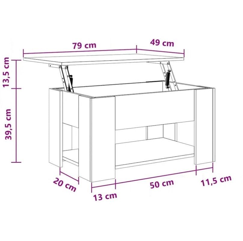 Dimensions complètes de la table basse en bois relevable, plateau ajustable et grand rangement intégré.