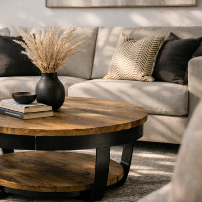 Table basse ronde en bois dans un salon lumineux, table basse en bois avec plateau épais et base métal noir