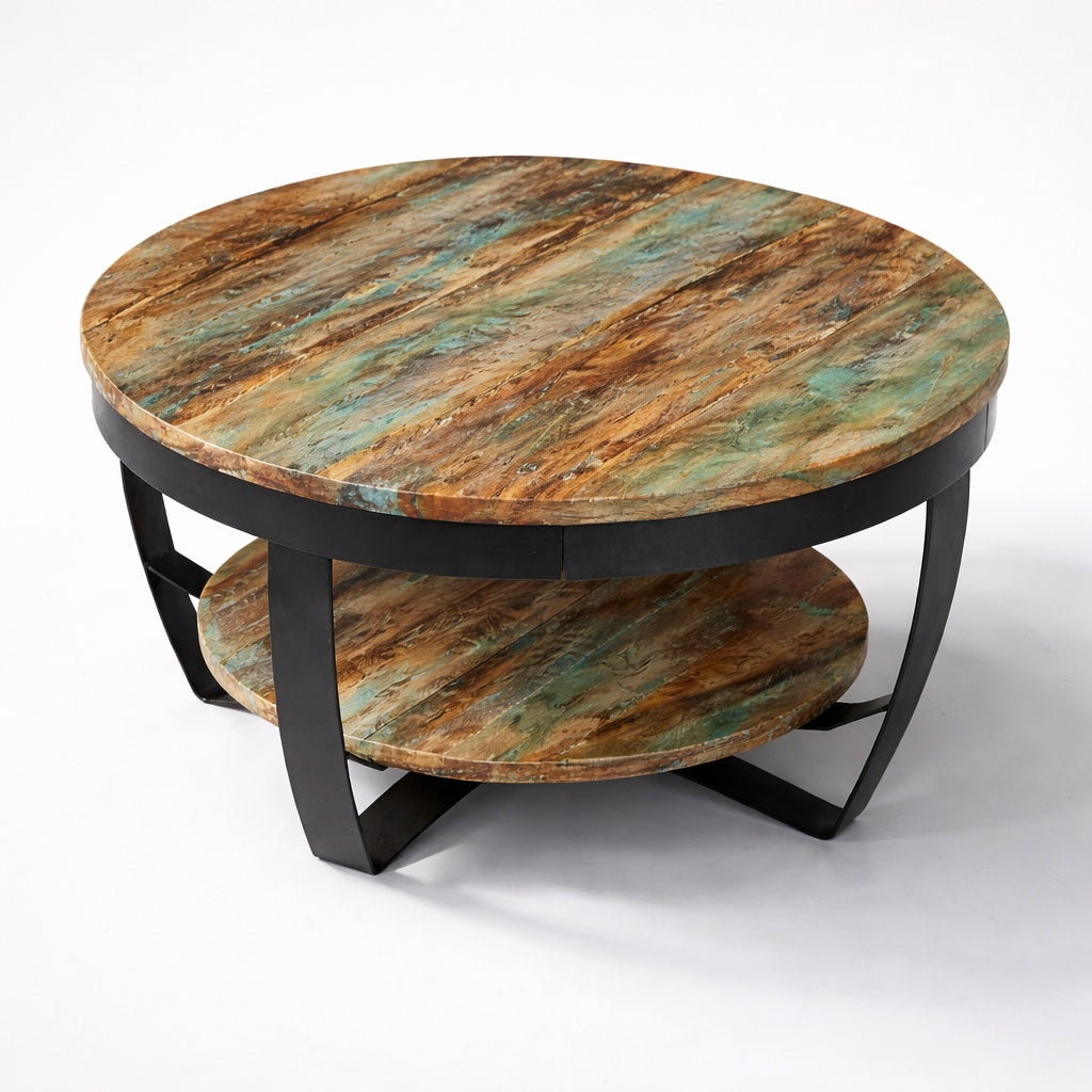 Table basse ronde en bois patiné bleu et brun, table basse en bois avec étagère basse et structure métal noir
