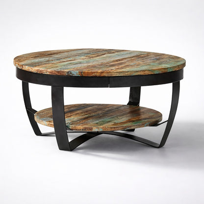 Table basse ronde en bois multicolore avec double plateau et pieds métal noir, table basse en bois design