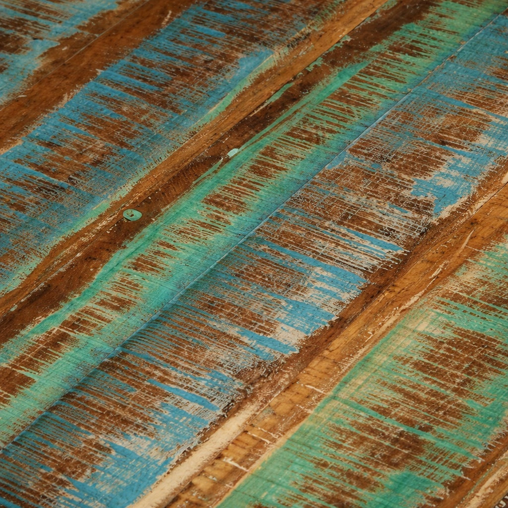 Gros plan du plateau patiné, table basse ronde en bois avec texture bleu et brun, table basse en bois unique