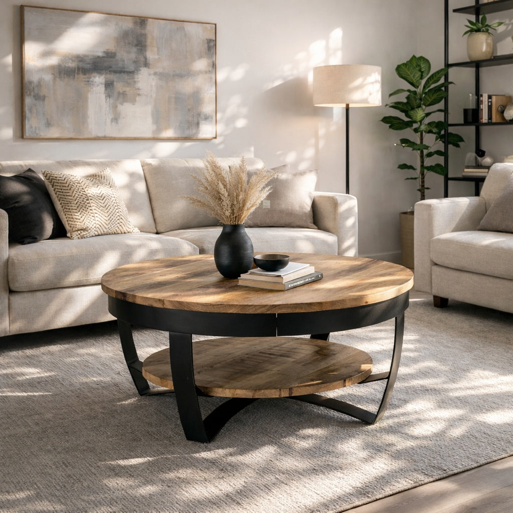 Table basse ronde en bois en situation dans salon moderne, table basse en bois métal noir et déco minimaliste