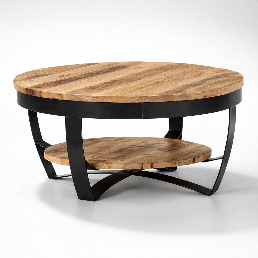 Table basse ronde en bois avec double plateau et structure métal noir, table basse en bois style industriel