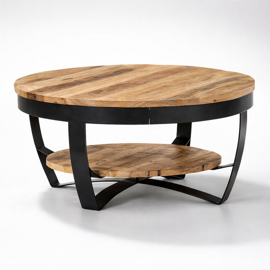 Table basse ronde en bois avec double plateau et structure métal noir, table basse en bois style industriel