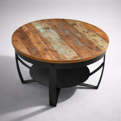 Table basse ronde en bois Orbit, plateau bois patiné multicolore, vue 3/4 avec étagère basse métal