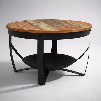 Table basse ronde en bois Orbit, plateau bois patiné multicolore et structure métal noir, vue studio