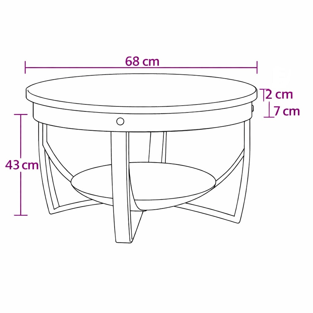 Dimensions table basse ronde en bois Orbit : diamètre 68 cm, hauteur 43 cm, schéma mesures