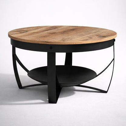 Table basse ronde en bois Orbit, plateau bois naturel et structure métal noir, vue studio sur fond blanc