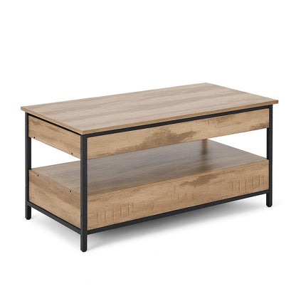 Table basse relevable en bois avec structure métal noir, design moderne et pratique pour salon contemporain.