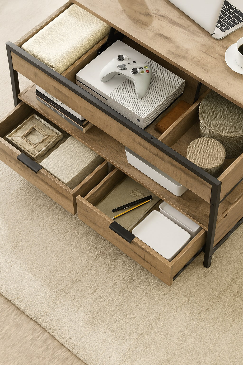 Compartiments de la table basse relevable en bois