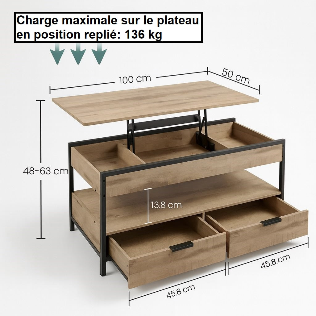 Schéma de table basse relevable en bois avec dimensions et compartiments, meuble multifonction pratique.
