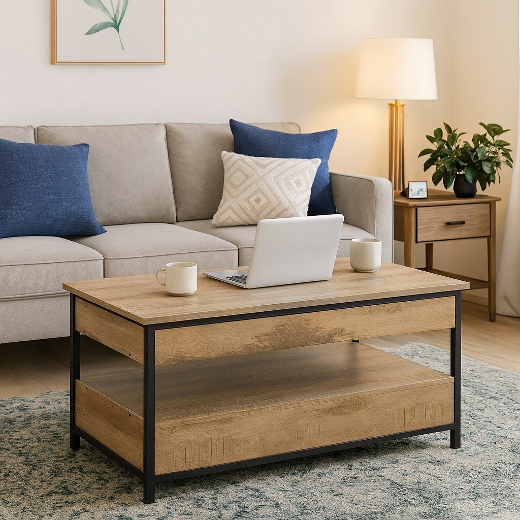 Table basse relevable en bois dans un salon lumineux, meuble fonctionnel et élégant au style industriel.