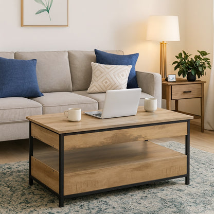 Table basse relevable en bois dans un salon lumineux, meuble fonctionnel et élégant au style industriel.