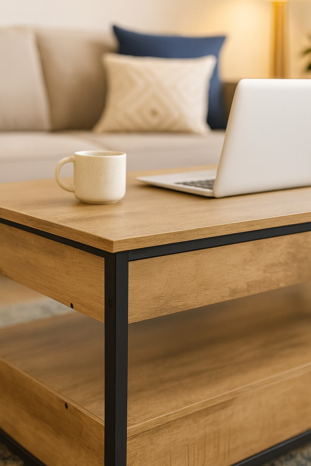 Table basse relevable en bois avec plateau pratique pour poser tasse et objets déco dans un salon moderne.