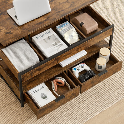 Vue d’angle d’une table basse relevable en bois naturel avec rangements intégrés et structure métal noir.