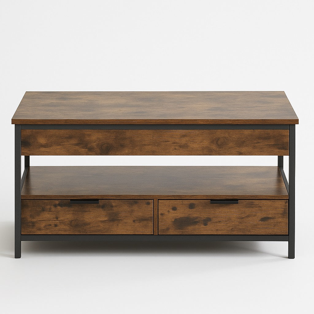 Table basse en bois Rustika, plateau fermé et design industriel élégant avec piétement métal noir.