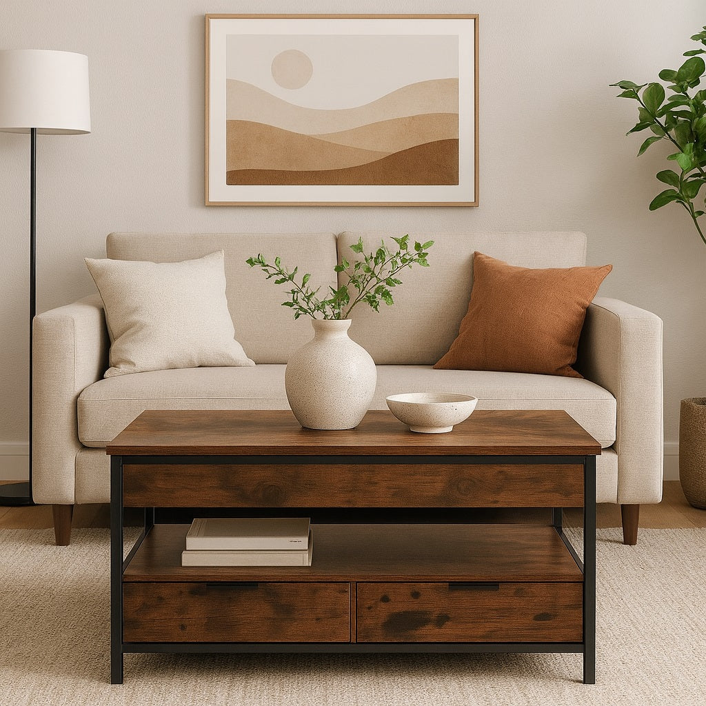 Table basse relevable en bois dans un salon moderne, déco naturelle et ambiance chaleureuse.