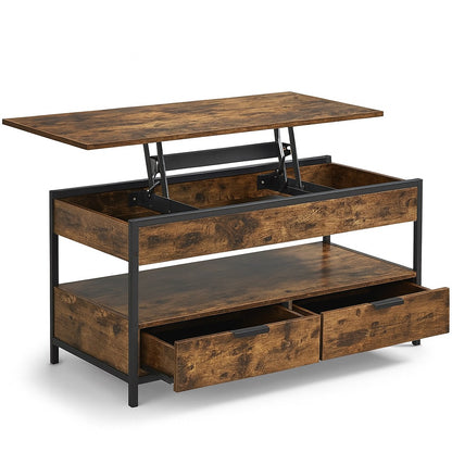 Table basse relevable en bois et métal noir avec double tiroir pratique et plateau ajustable.