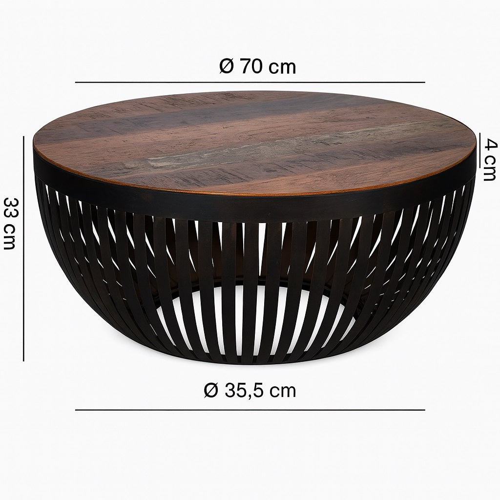Dimensions de la table basse ronde style industriel avec structure métal et plateau bois robuste.