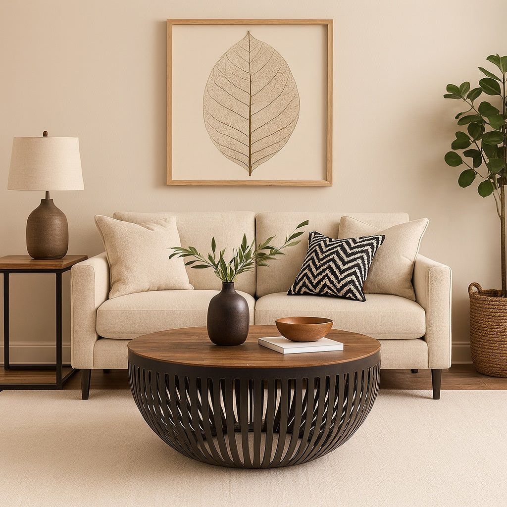 Table basse ronde style industriel devant un canapé, design métal ajouré et plateau bois naturel.