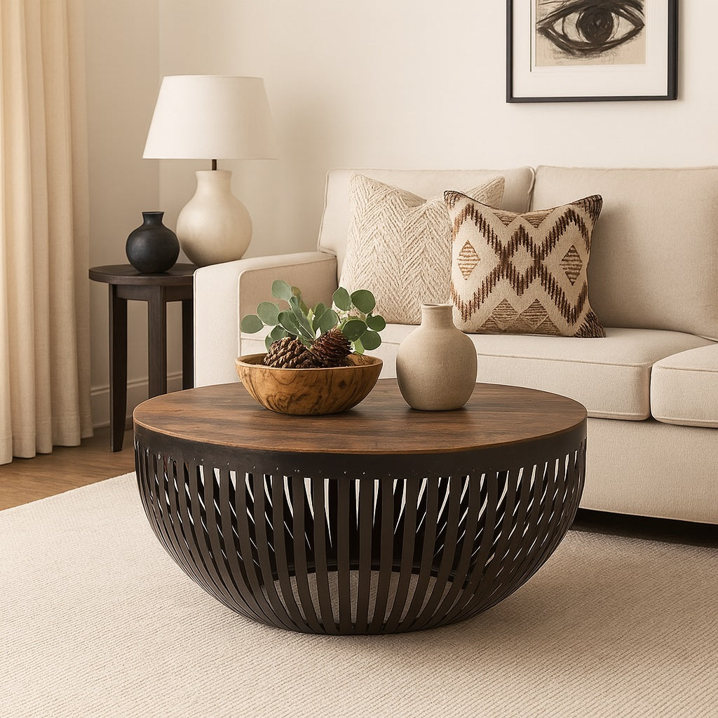 Table basse ronde style industriel dans un salon chaleureux, plateau bois et base métal ajouré.