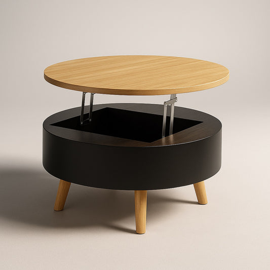 Table basse ronde en bois Auroka avec plateau relevable et espace de rangement caché.