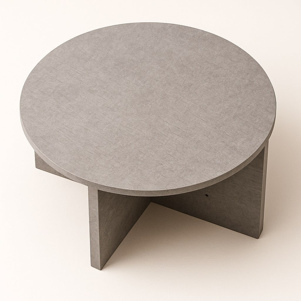 Vue d’angle de la table basse moderne Ardoa, table basse rondes au style minimaliste gris béton.