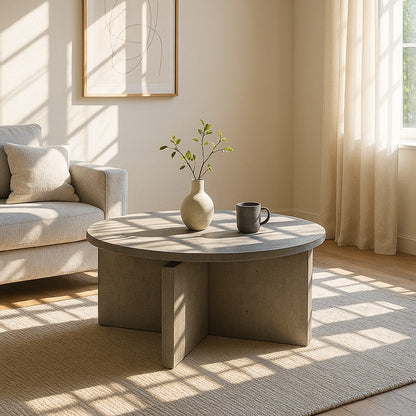 Table basse moderne Ardoa dans salon lumineux, table basse rondes grise au style contemporain.