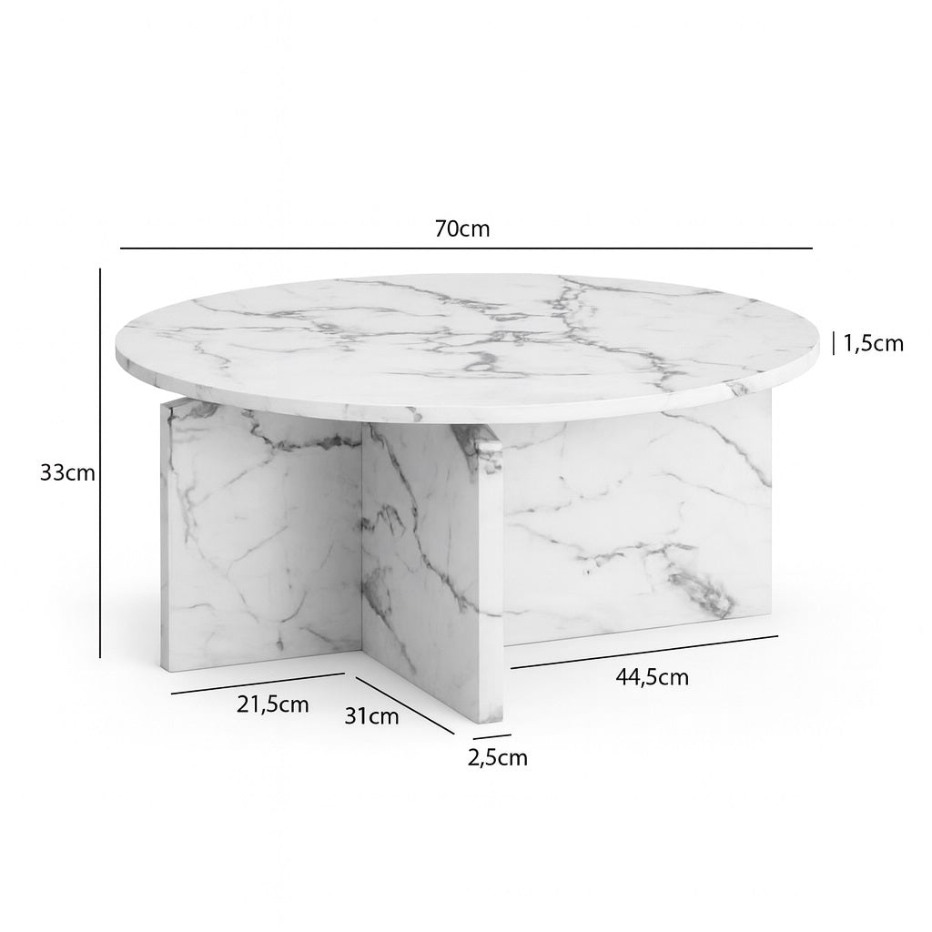 Dimensions de table basse ronde en marbre blanc, design croisé, parfaite pour un intérieur moderne et lumineux.