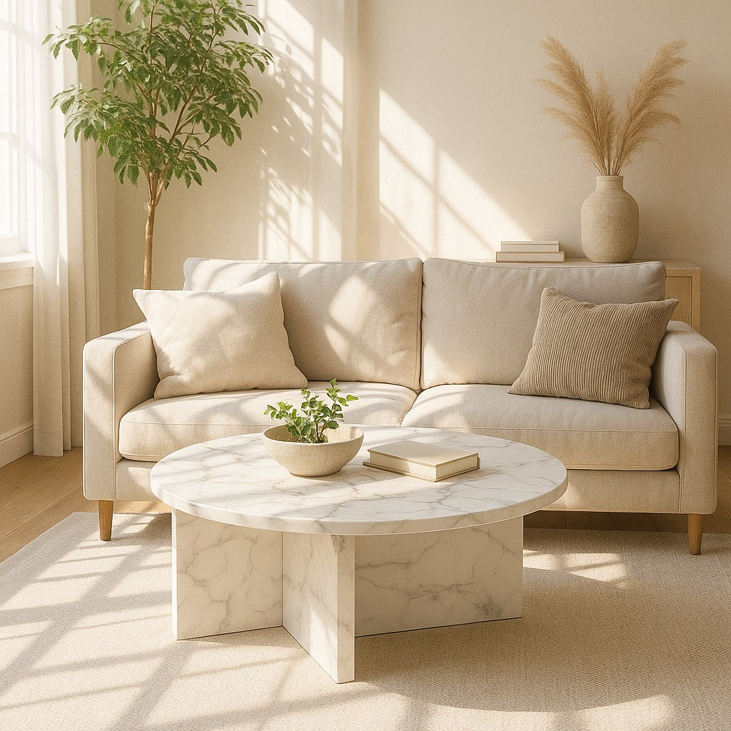 Table basse ronde en marbre blanc dans un salon moderne, design élégant pour une décoration chaleureuse et raffinée.