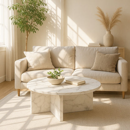Table basse ronde en marbre blanc dans un salon moderne, design élégant pour une décoration chaleureuse et raffinée.