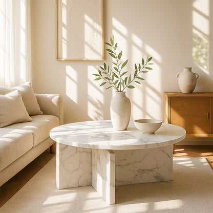 Table basse ronde en marbre dans un salon cosy, pièce design et lumineuse pour sublimer la décoration intérieure.