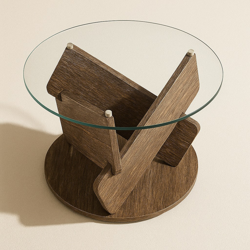 Table basse ronde en bois avec plateau en verre, table basse en verre moderne vue en plongée.