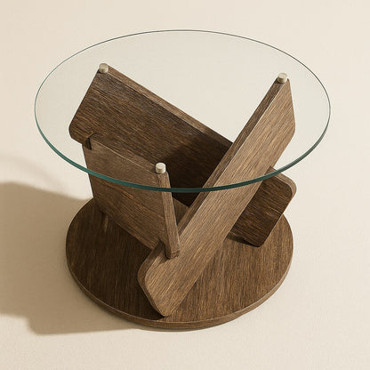Table basse ronde en bois avec plateau en verre, table basse en verre moderne vue en plongée.