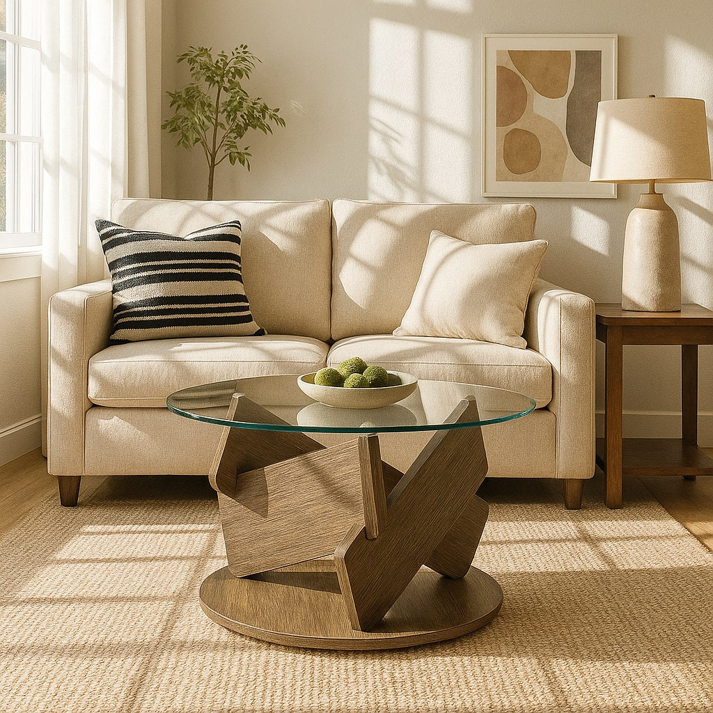 Table basse ronde en verre dans un salon lumineux, table basse en verre décorative style moderne.