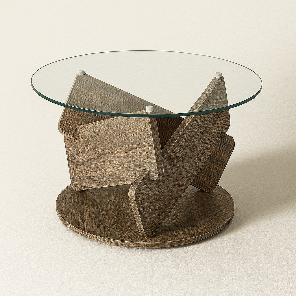 Table basse ronde design en bois et plateau en verre, table basse en verre moderne pour salon contemporain.