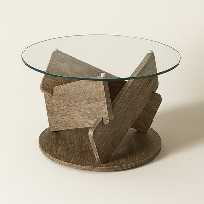 Table basse ronde design en bois et plateau en verre, table basse en verre moderne pour salon contemporain.